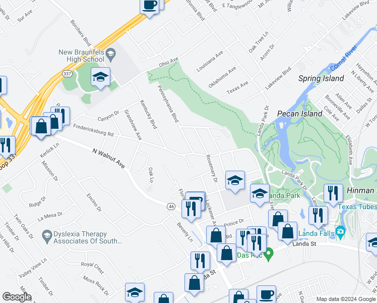 map of restaurants, bars, coffee shops, grocery stores, and more near 806 Fredericksburg Road in New Braunfels