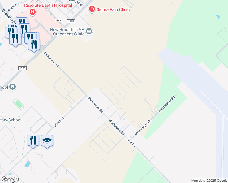 map of restaurants, bars, coffee shops, grocery stores, and more near 1018-1022 Barbarosa Road in New Braunfels