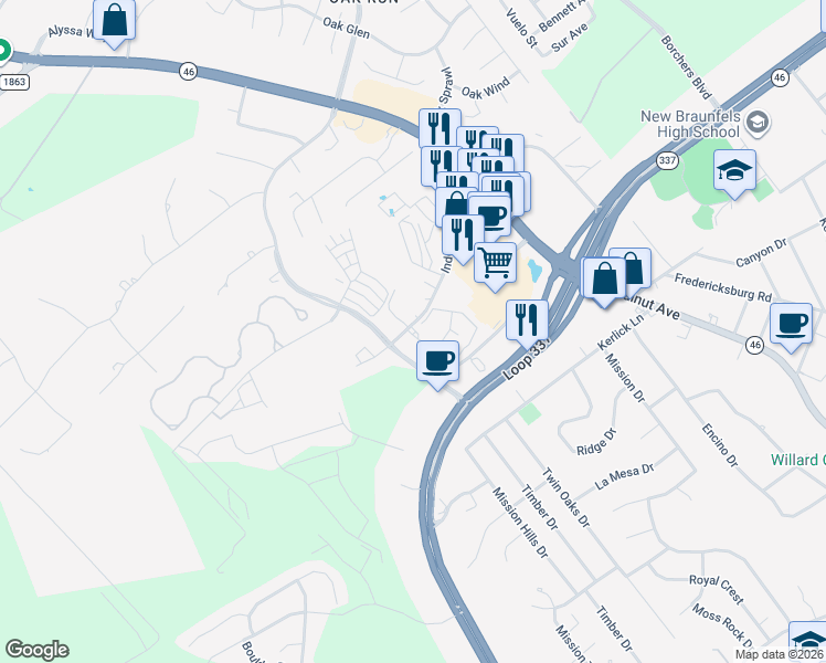 map of restaurants, bars, coffee shops, grocery stores, and more near 2215 Independence Drive in New Braunfels