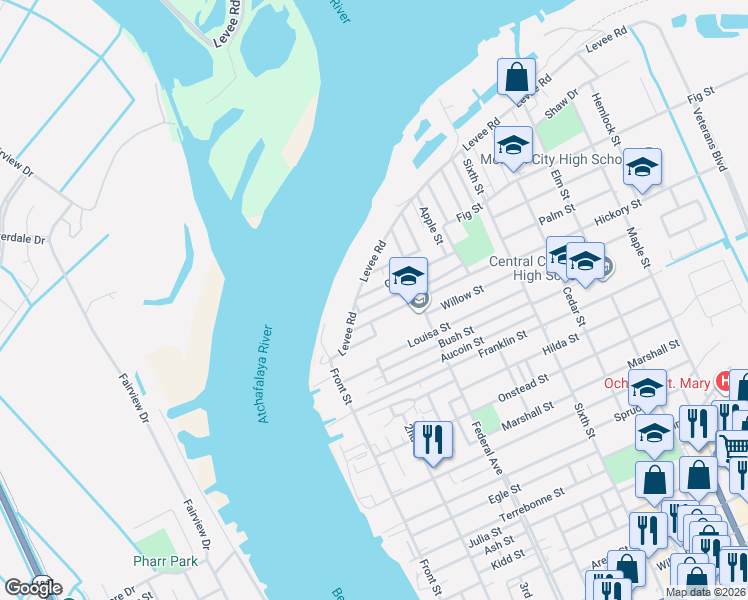 map of restaurants, bars, coffee shops, grocery stores, and more near 151-499 Laurel St in Morgan City