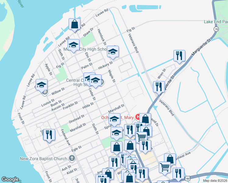 map of restaurants, bars, coffee shops, grocery stores, and more near 1021 Hilda Street in Morgan City