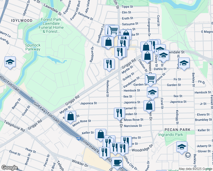 map of restaurants, bars, coffee shops, grocery stores, and more near 6905 Schley Street in Houston
