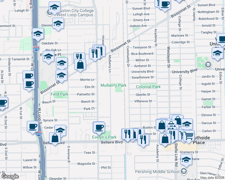 map of restaurants, bars, coffee shops, grocery stores, and more near 704 Mulberry Lane in Bellaire