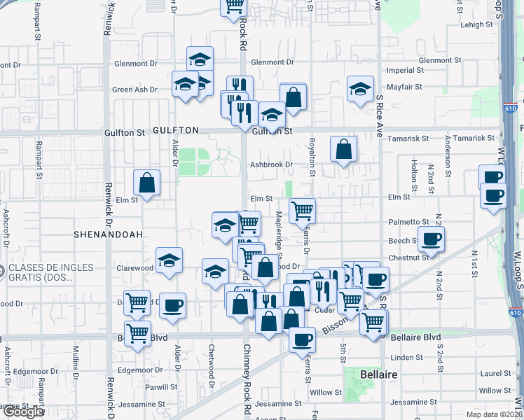 map of restaurants, bars, coffee shops, grocery stores, and more near 6333 Chimney Rock Road in Houston