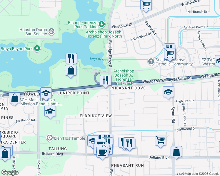 map of restaurants, bars, coffee shops, grocery stores, and more near 13542 Creek Springs Drive in Houston