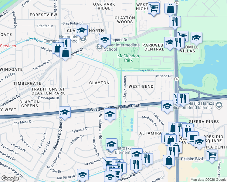 map of restaurants, bars, coffee shops, grocery stores, and more near 4023 Rushcroft Drive in Houston
