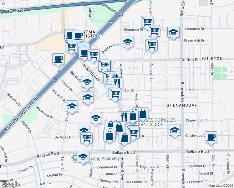 map of restaurants, bars, coffee shops, grocery stores, and more near 6473 Hillcroft Street in Houston