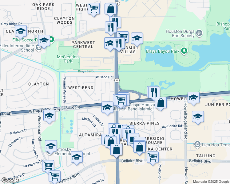 map of restaurants, bars, coffee shops, grocery stores, and more near 4028 South Texas 6 in Houston