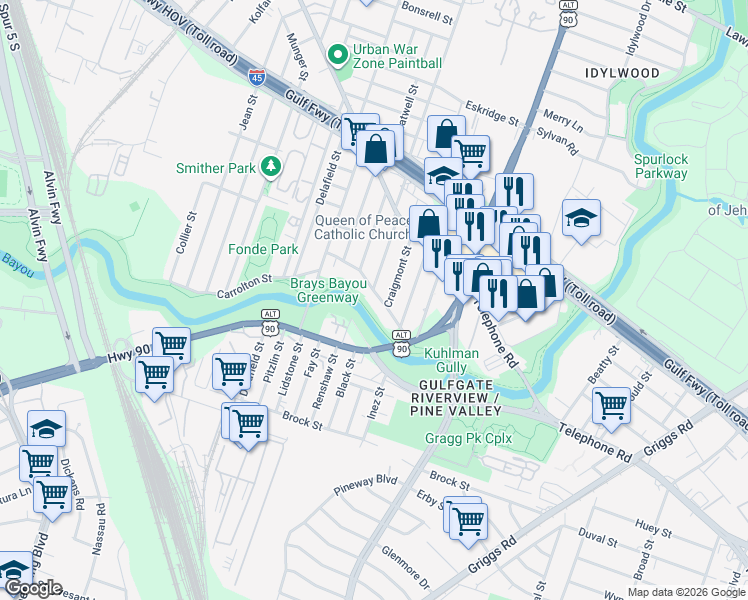 map of restaurants, bars, coffee shops, grocery stores, and more near 2906 Carrolton Street in Houston