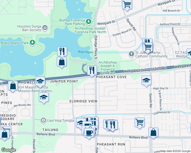 map of restaurants, bars, coffee shops, grocery stores, and more near 13542 Creek Springs Drive in Houston