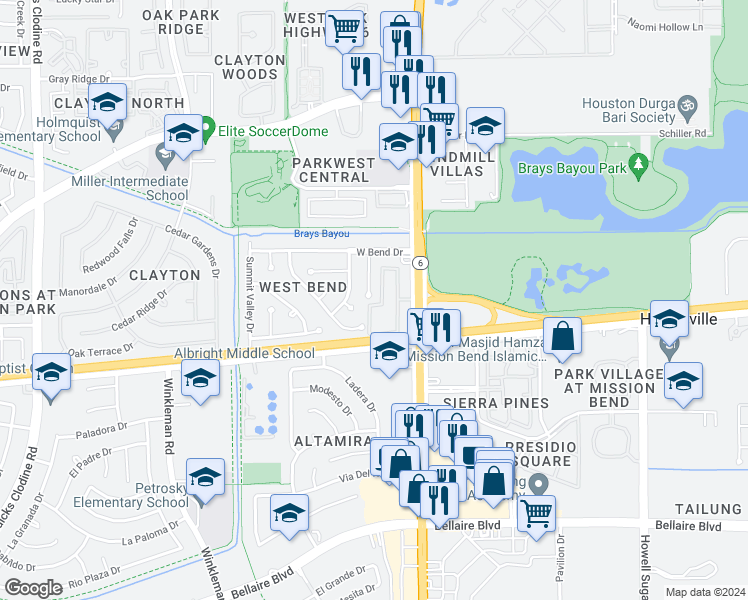 map of restaurants, bars, coffee shops, grocery stores, and more near 4023 Vintage Valley Drive in Houston