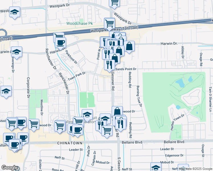 map of restaurants, bars, coffee shops, grocery stores, and more near 8701 Town Park Drive in Houston