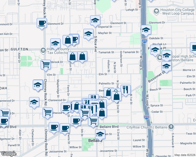 map of restaurants, bars, coffee shops, grocery stores, and more near 5006 Palmetto Street in Bellaire