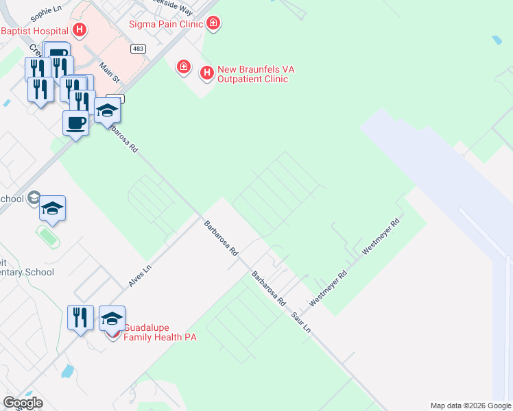 map of restaurants, bars, coffee shops, grocery stores, and more near 1018-1022 Barbarosa Road in New Braunfels