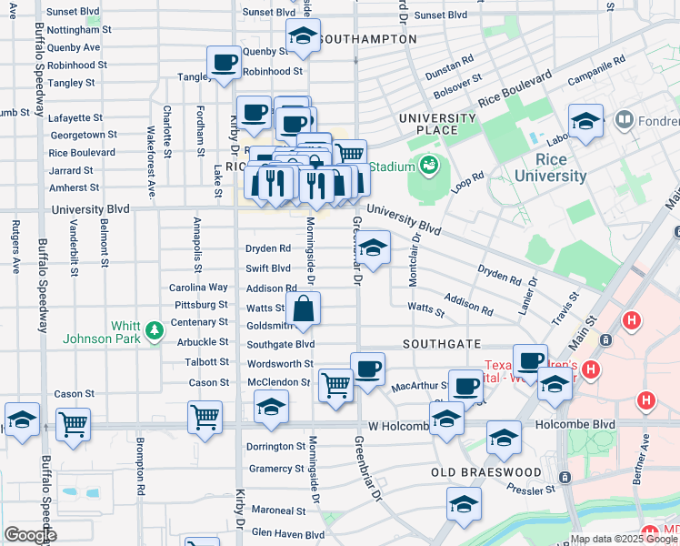 map of restaurants, bars, coffee shops, grocery stores, and more near 2320 Addison Road in Houston