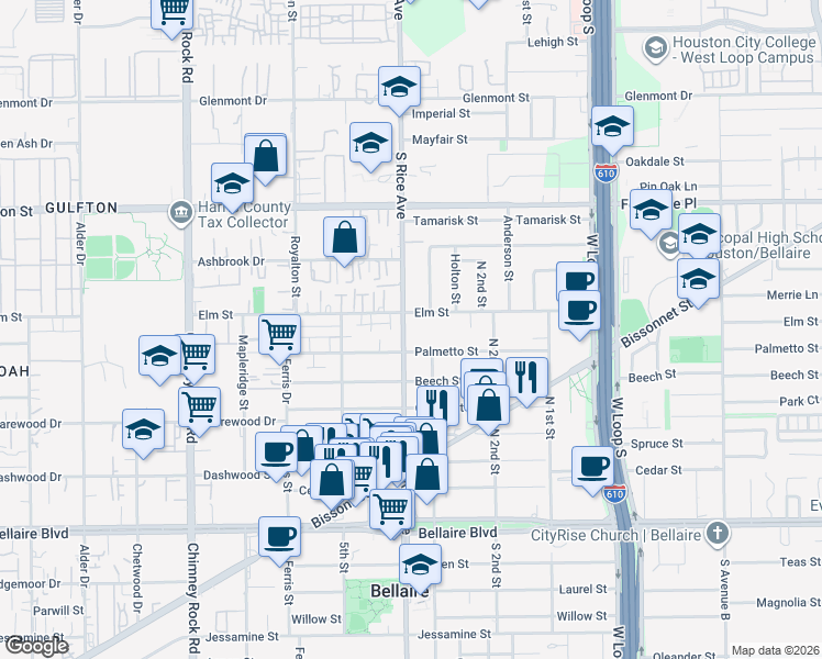map of restaurants, bars, coffee shops, grocery stores, and more near 5006 Palmetto Street in Bellaire