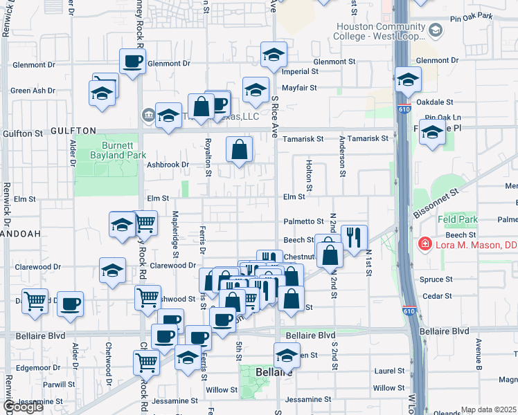 map of restaurants, bars, coffee shops, grocery stores, and more near 5108 Palmetto Street in Bellaire