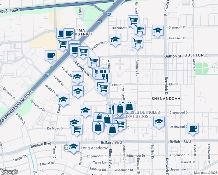 map of restaurants, bars, coffee shops, grocery stores, and more near 6473 Hillcroft Street in Houston