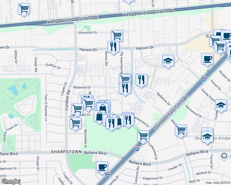 map of restaurants, bars, coffee shops, grocery stores, and more near 8800 Bonhomme Road in Houston
