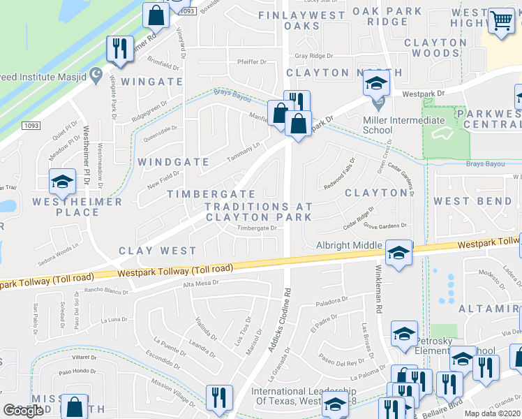 map of restaurants, bars, coffee shops, grocery stores, and more near 15822 South Alley Court in Houston