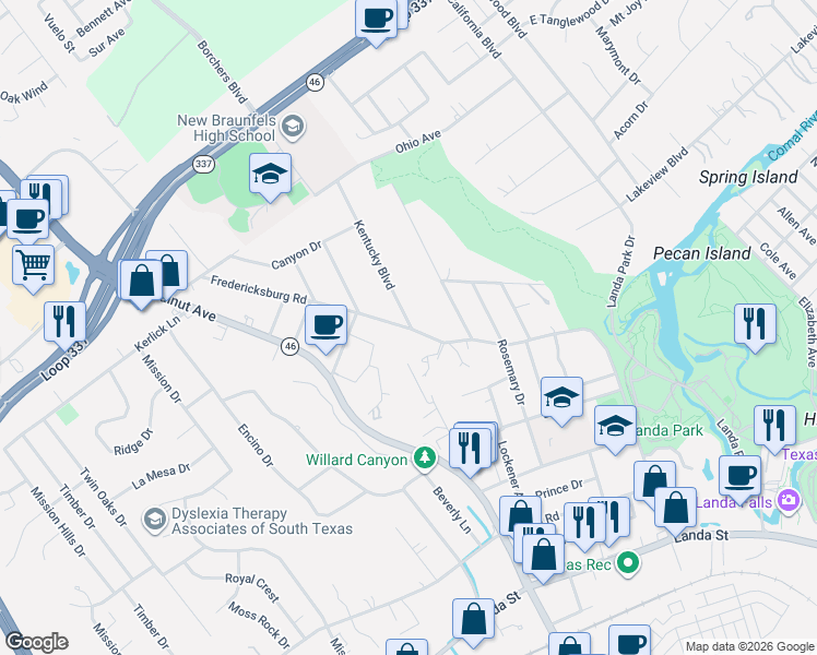 map of restaurants, bars, coffee shops, grocery stores, and more near 895 Fredericksburg Road in New Braunfels