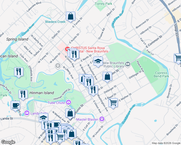 map of restaurants, bars, coffee shops, grocery stores, and more near 262 North Washington Avenue in New Braunfels