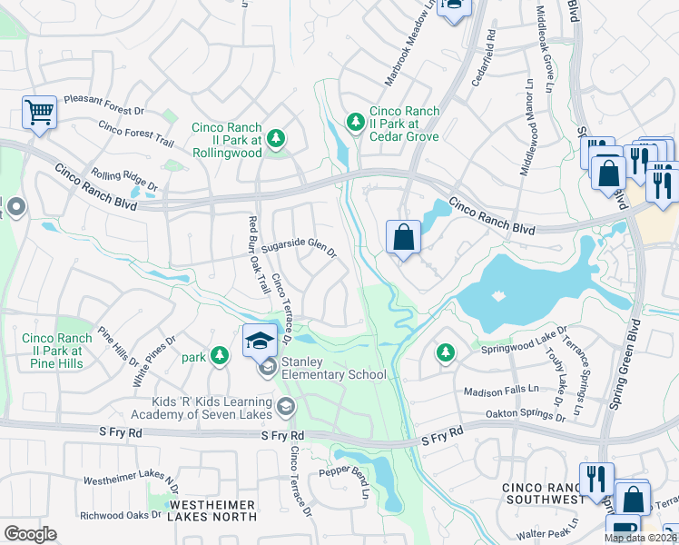 map of restaurants, bars, coffee shops, grocery stores, and more near 10418 Mossback Pine Road in Katy