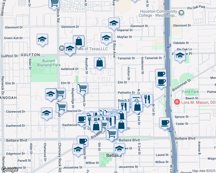 map of restaurants, bars, coffee shops, grocery stores, and more near 5108 Palmetto Street in Bellaire