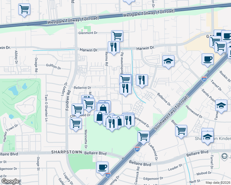 map of restaurants, bars, coffee shops, grocery stores, and more near 8800 Bonhomme Road in Houston