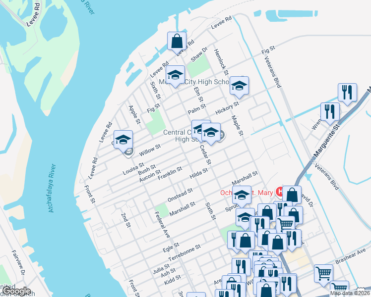 map of restaurants, bars, coffee shops, grocery stores, and more near 800-822 Sacred Heart Dr in Morgan City