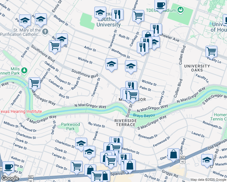 map of restaurants, bars, coffee shops, grocery stores, and more near 3629 North MacGregor Way in Houston