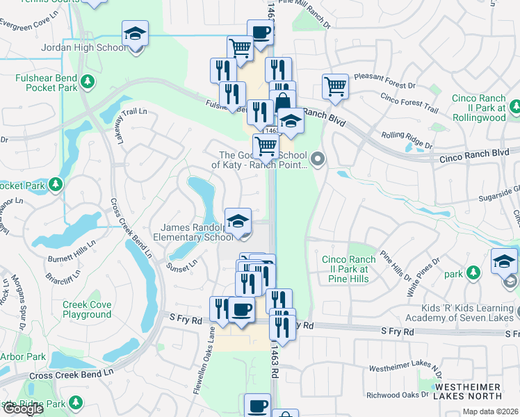 map of restaurants, bars, coffee shops, grocery stores, and more near 27107 Cross Pointe Court in Fulshear