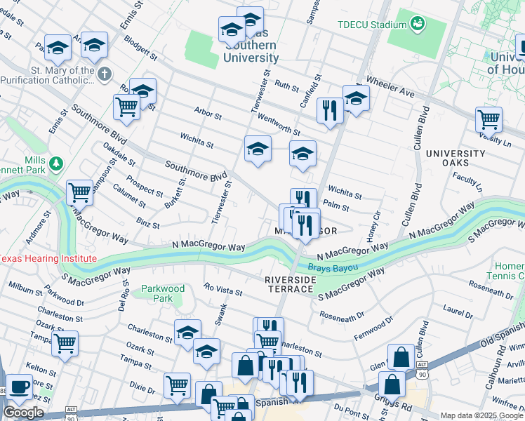 map of restaurants, bars, coffee shops, grocery stores, and more near 3629 North MacGregor Way in Houston