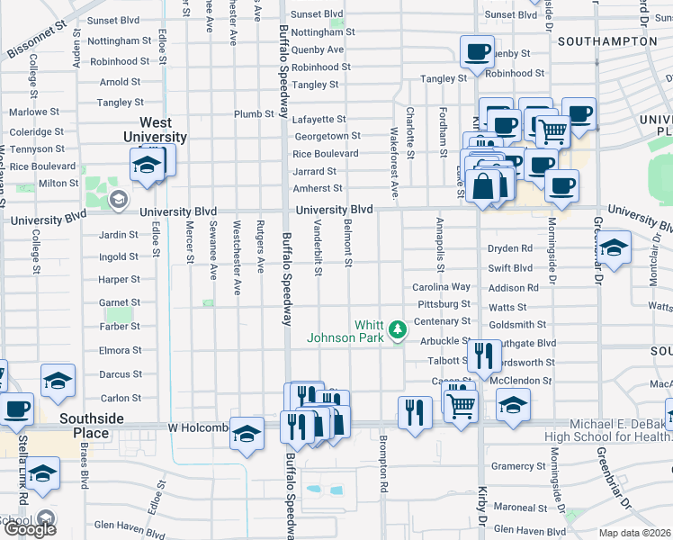map of restaurants, bars, coffee shops, grocery stores, and more near 6413 Vanderbilt Street in Houston