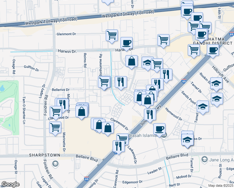 map of restaurants, bars, coffee shops, grocery stores, and more near 7225 Bellerive Drive in Houston