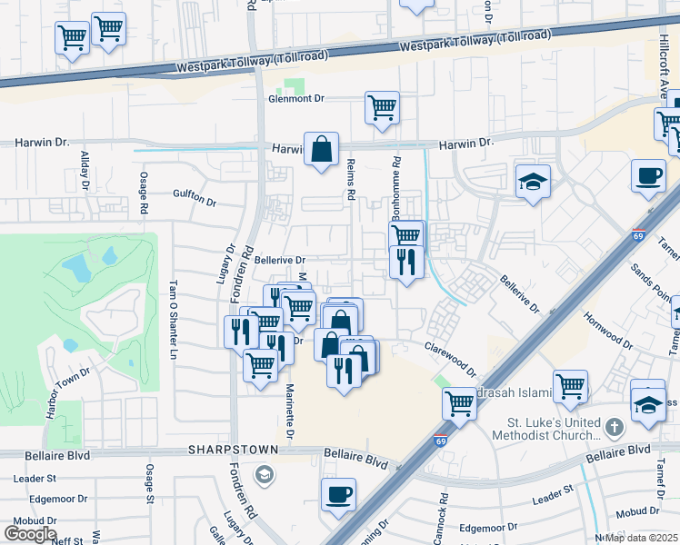 map of restaurants, bars, coffee shops, grocery stores, and more near 6203 Marinette Drive in Houston