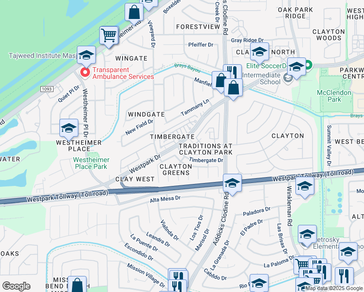 map of restaurants, bars, coffee shops, grocery stores, and more near 15935 South Alley Court in Houston