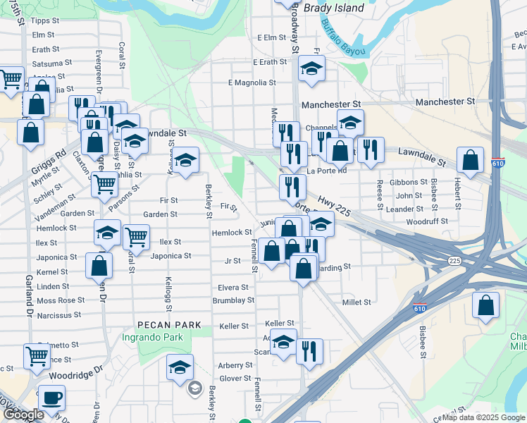 map of restaurants, bars, coffee shops, grocery stores, and more near 7911 Leander Street in Houston