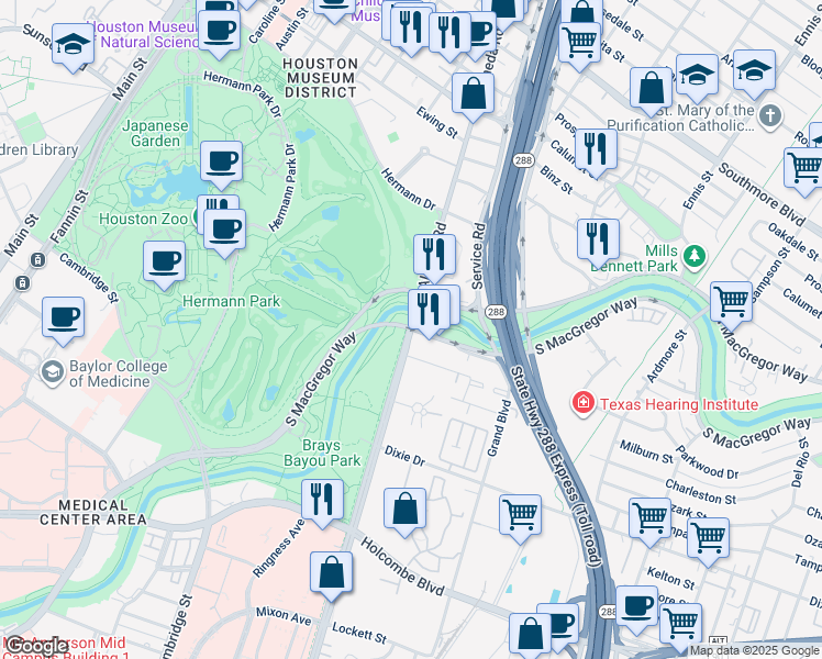 map of restaurants, bars, coffee shops, grocery stores, and more near Almeda Rd & S MacGregor Way in Houston
