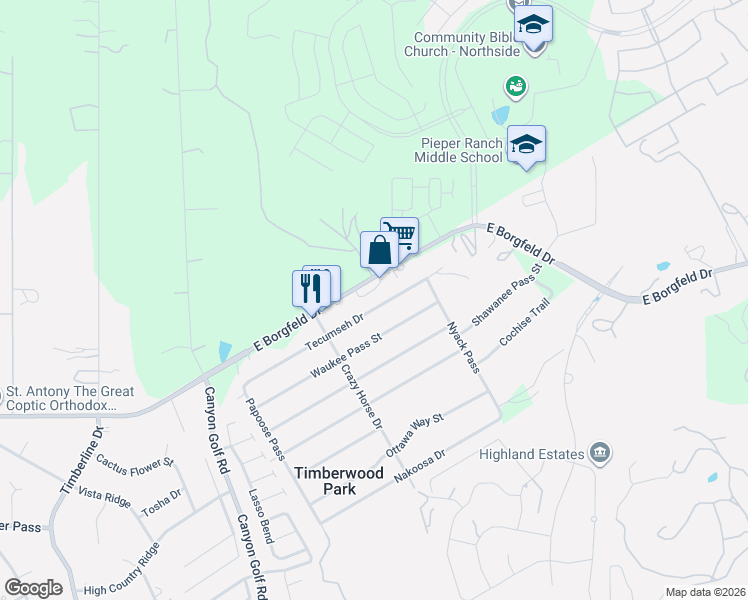 map of restaurants, bars, coffee shops, grocery stores, and more near 1034 Tecumseh Drive in San Antonio