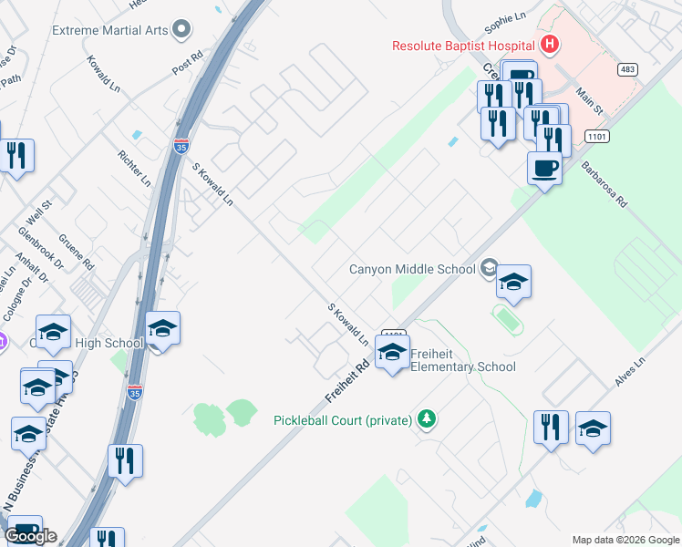 map of restaurants, bars, coffee shops, grocery stores, and more near 1909 Cool Breeze in New Braunfels