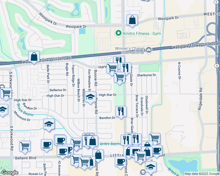 map of restaurants, bars, coffee shops, grocery stores, and more near 11030 High Star Drive in Houston