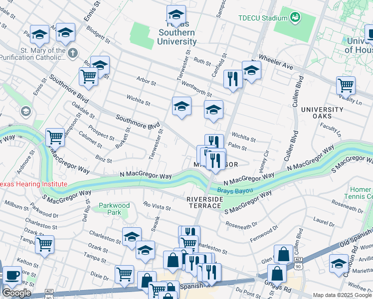 map of restaurants, bars, coffee shops, grocery stores, and more near 3620 Southmore Boulevard in Houston