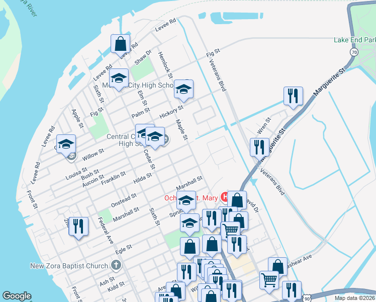 map of restaurants, bars, coffee shops, grocery stores, and more near 1021-1099 Hilda Street in Morgan City