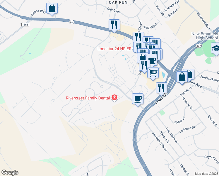 map of restaurants, bars, coffee shops, grocery stores, and more near 2747 Westpointe Drive in New Braunfels