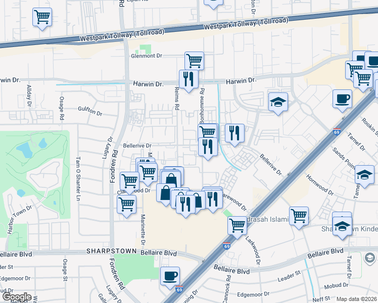 map of restaurants, bars, coffee shops, grocery stores, and more near 8800 Bonhomme Road in Houston