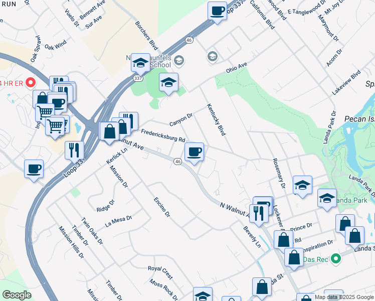 map of restaurants, bars, coffee shops, grocery stores, and more near 122 Woodland Avenue in New Braunfels