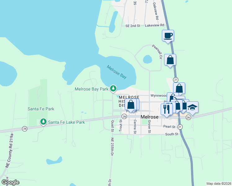 map of restaurants, bars, coffee shops, grocery stores, and more near 25516 Pine Street in Melrose