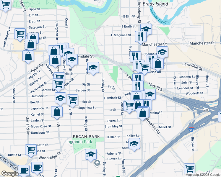 map of restaurants, bars, coffee shops, grocery stores, and more near 7714 Garden Street in Houston