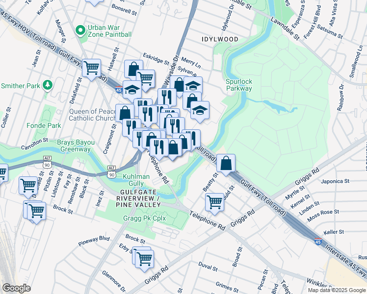 map of restaurants, bars, coffee shops, grocery stores, and more near 6010 Gulf Freeway in Houston